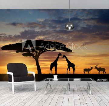 Picture of Giraffes with Kudu at sunset